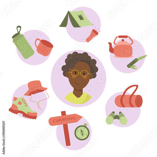 Elderly woman with hiking and camping items, active aging lifestyle vector illustration