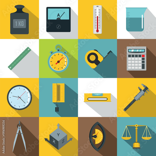 Measure precision icons set, flat style