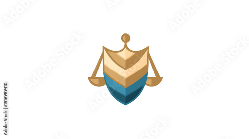 A shield-shaped emblem featuring a layered design in shades of brown and blue, with scales