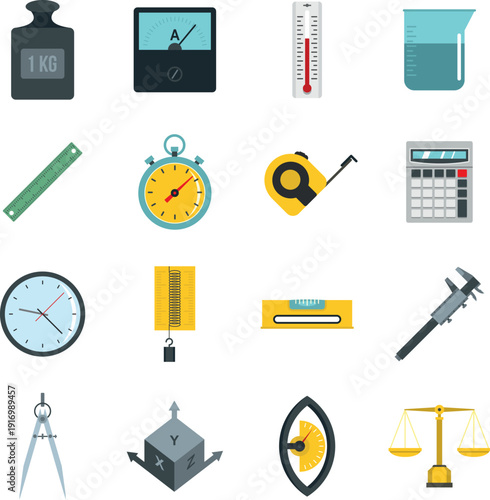 Measure precision icons set in flat style