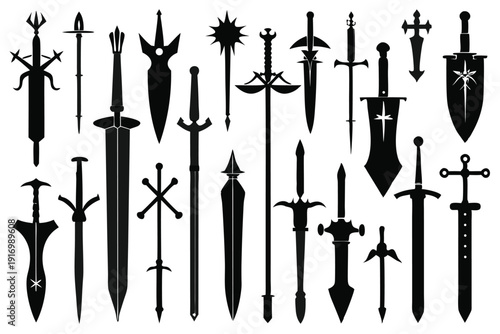 set of sword silhouette line art vector illustration with a white background