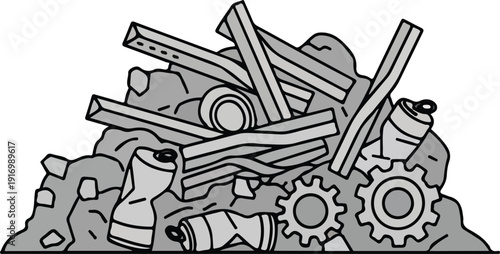 Cartoon illustration of a pile of junk and trash on white background