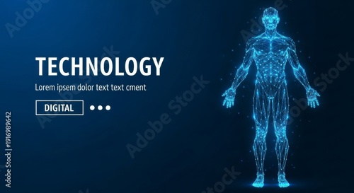 Digital human body anatomy illustration with glowing blue lines on dark blue background viewed from the front