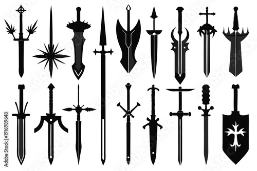set of sword silhouette line art vector illustration with a white background