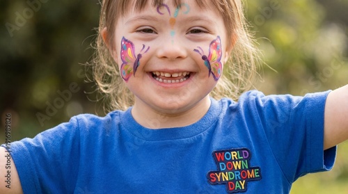 Smiling child with butterfly face paint wearing World Down Syndrome Day shirt, inclusion and awareness concept outdoors
