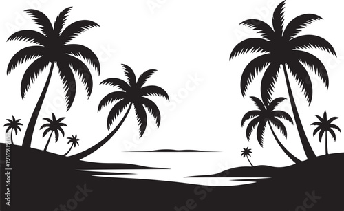 Black and white palm trees on a tropical beach