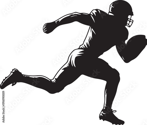 Black and white silhouette of football player running with ball