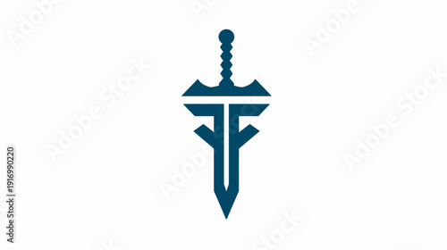 A teal colored sword-like emblem on a white background. It has a stylized handle and blade