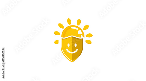 A yellow emblem of a smiling shield with sun rays, set against a pristine white backdrop