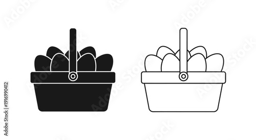 Two wicker baskets filled with black and white eggs, side by side, minimalist style. Vector
