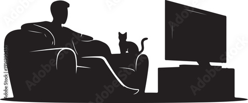 Black silhouette of man relaxing on couch with cat watching T V