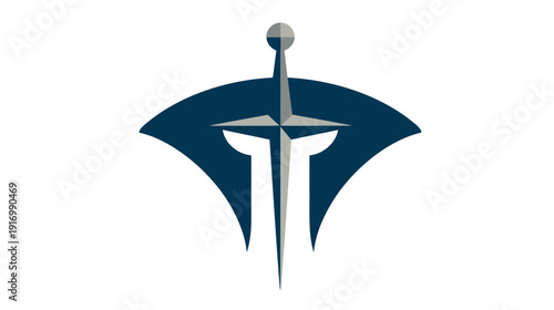 A geometric emblem with a stylized sword piercing a shield-like form, with a simple, modern design