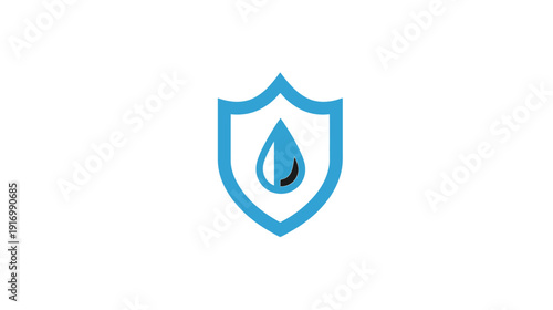 A shield icon, light blue outline, with a water droplet graphic in the center, and a white background