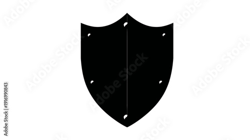 A black coat of arms with decorative rivets, set against a pristine white background
