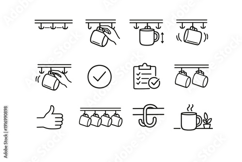 Action calm icon hooks check vector mug flow order clearance readiness minimalist