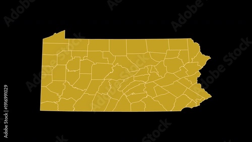 Pennsylvania USA Gold Map 3D Animation Alpha Channel Transparent Background 4K UHD ProRes 60fps