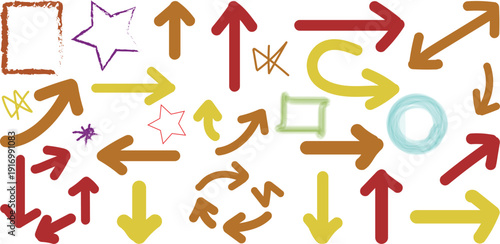 Colorful 3D vector set of arrow icons styled like alphabet symbols and zodiac signs in a decorative illustration design