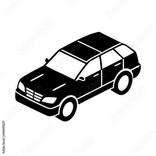 Simple black car icon for car rental service, an isometric automobile graphic symbolizes modern car-rental options, emphasizing convenient booking. Concept car rental for digital platforms.