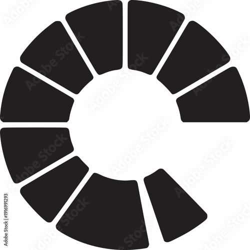 Black and white graphic of a segmented circle with a gap in the upper right quadrant design element