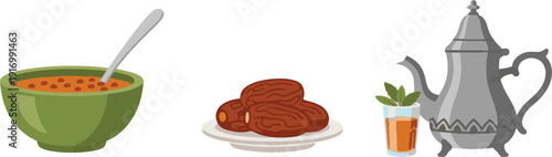 Ramadhan Kareem illustration of a traditional meal with dates and mint tea