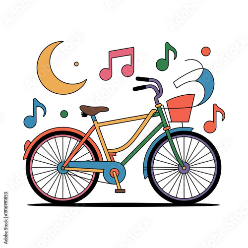 A colorful bicycle with musical notes and a crescent moon