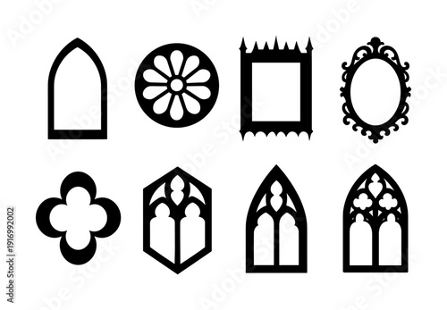 Set of gothic window frames with decorative shapes and styles