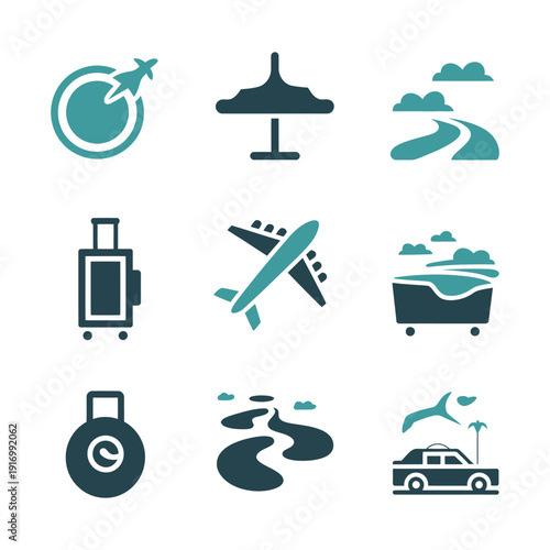 A collection of travel and transportation icons