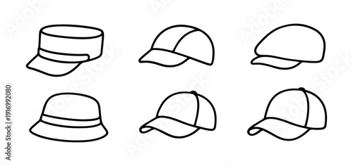 Minimalist hat collection: outline styles of caps and hats in black and white