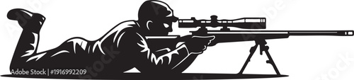 Black silhouette of sniper lying prone with rifle and scope