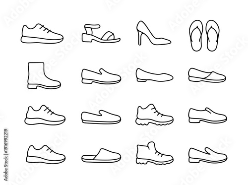 Minimalist shoe icons set: sneakers, sandals, boots, and loafers