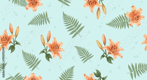 Seamless floral pattern with lilies and fern leaves on light blue background