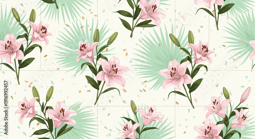 Tropical floral pattern with pink lilies and palm leaves on cream background