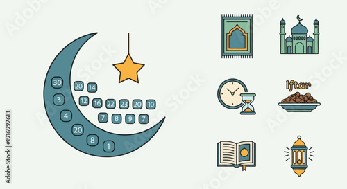 Illustrative Ramadhan Kareem icons depicting a lunar calendar, mosque, prayer essentials, and Iftar elements for Islamic holy month celebrations and traditions