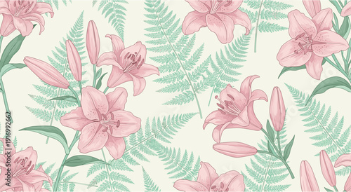 Elegant lily and fern pattern in pastel tones for delicate floral design
