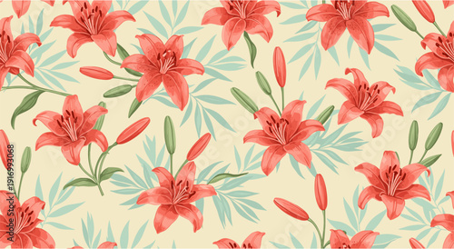 Elegant floral pattern with red lilies and leaves on soft background