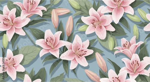 Elegant pink lily pattern on soft blue background