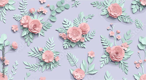 Elegant floral arrangement with pastel paper cutout flowers and leafy patterns