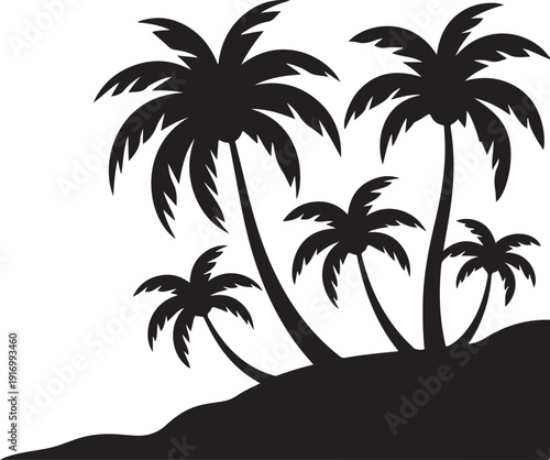 Black silhouettes of palm trees on a hillside white
