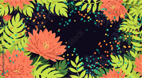 Vibrant tropical floral frame with leaves and abstract confetti on dark background