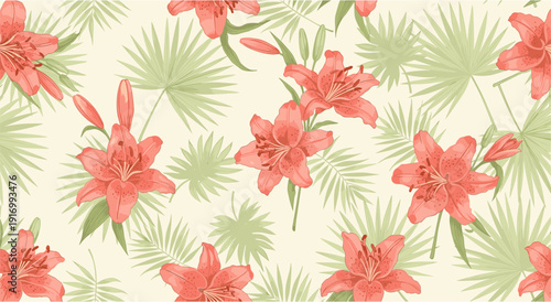 Tropical pattern with coral lilies and green palm leaves on cream background