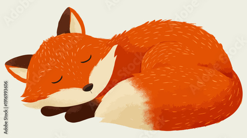 A cartoon fox curls up asleep, featuring shades of orange, brown and cream on a neutral background
