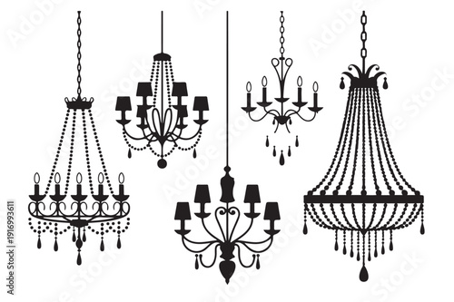 Set of elegant luxury chandeliers hanging from ceiling with crystals and beads for home or hotel decoration  lighting fixtures
