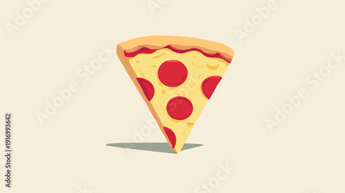 A triangular slice of pizza with red pepperoni on a light yellow canvas, simple vector art