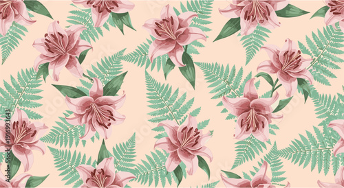 Elegant botanical pattern with pink lilies and green ferns on a peach background