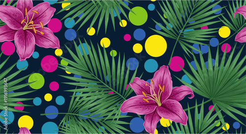 Tropical floral pattern with vibrant palm leaves and colorful circles