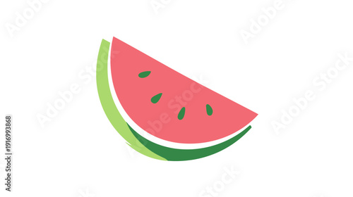A cartoon watermelon slice featuring pink flesh, green rind, and seeds, isolated on a white backdrop