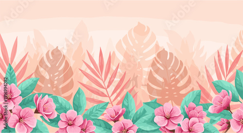 Tropical blossoms and leaves on pastel background