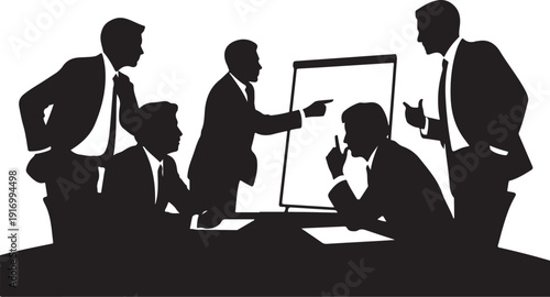 Five business people discussing around a table with a presentation screen