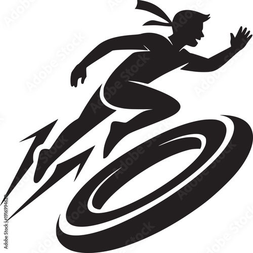 Silhouette of a runner with a headband leaping over a tire with speed lines in black and white art