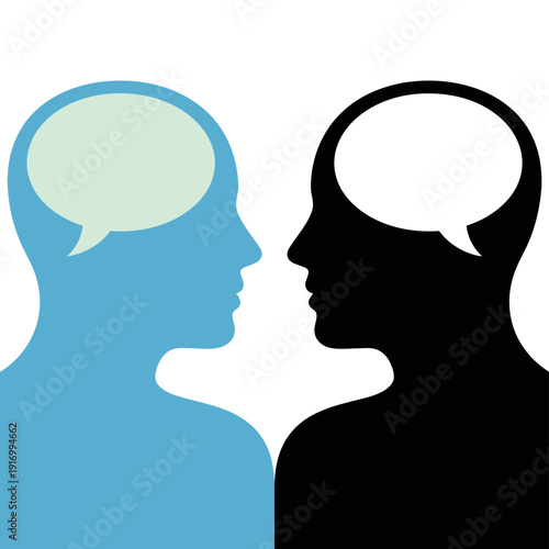 Two people facing each other with speech bubbles in their heads, symbolizing communication and conversation.